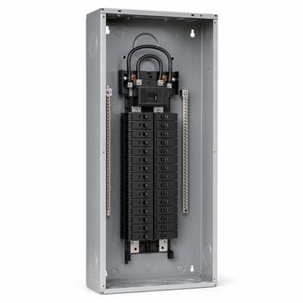 A panelboard with rows of branch circuit breakers