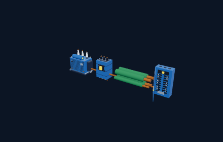 A transformer, breaker, feeder and panel wired as a one-line
